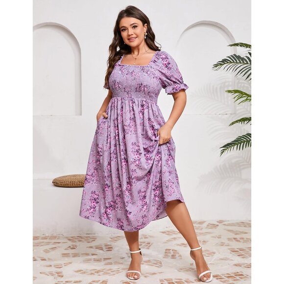 Womens Floral Smocked Ruffle Square Neck Midi Dress Plus Size Summer Casual - Picture 3 of 6